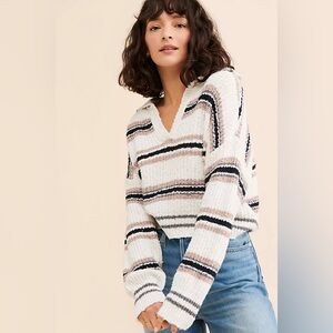 FREE PEOPLE Striped V-Neck Sweater - White, Black, Pink Size XS